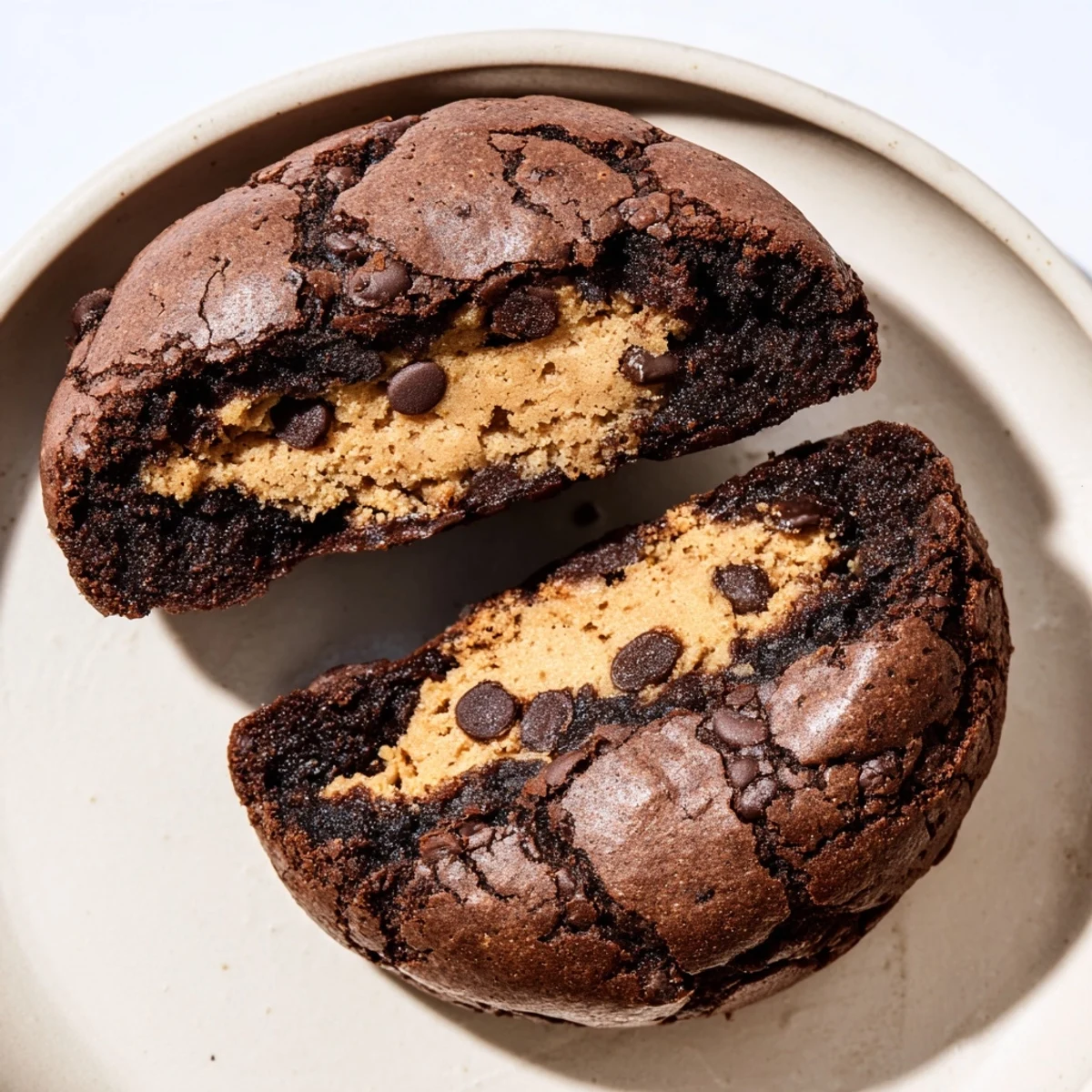 Fudgy brownie cookies stuffed with cookie dough displayed on a rustic wooden serving board