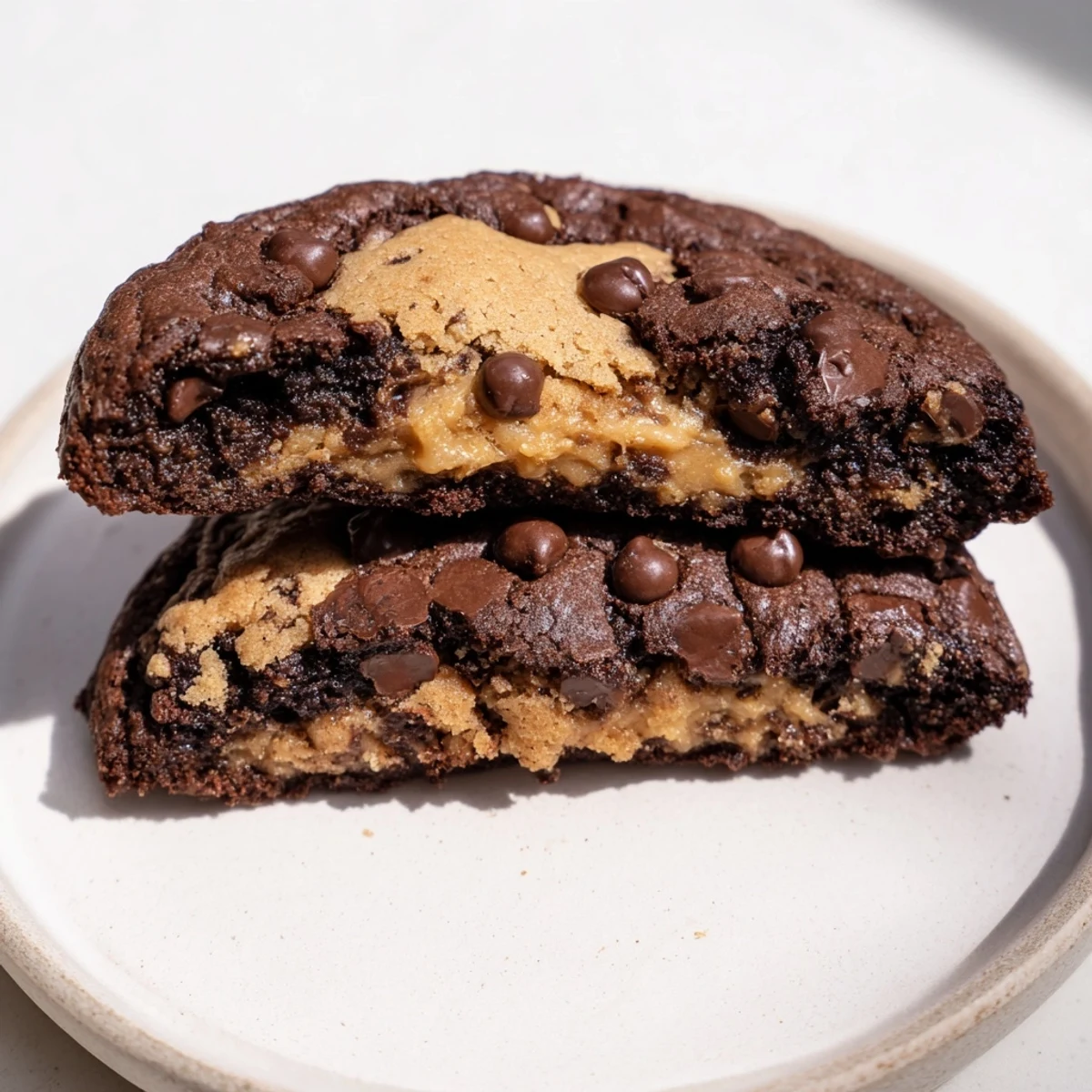 Decadent fudgy brownie cookies stuffed with cookie dough showcasing a rich chocolate cracked surface