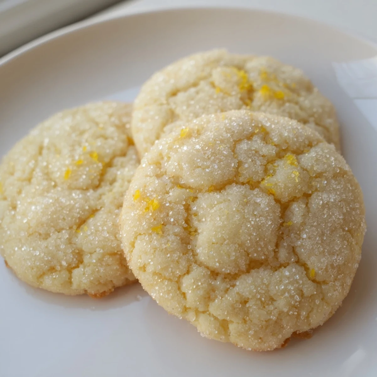 Chewy lemon sugar cookies with crackled sugar coating on a rustic wooden board