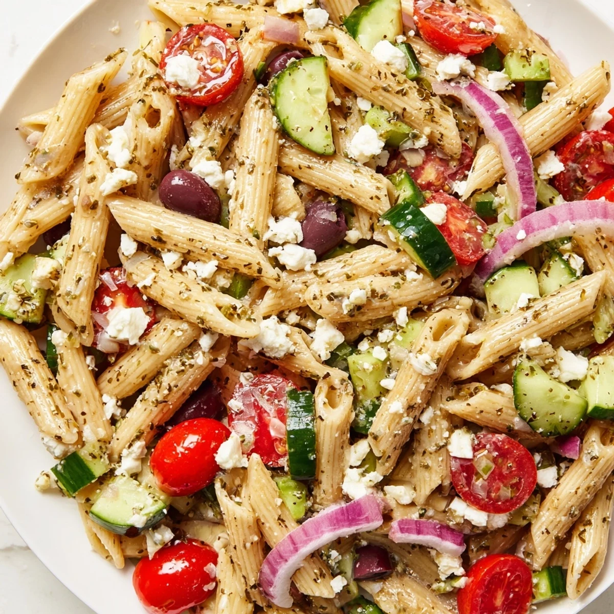 Greek pasta salad in a white bowl with crisp cucumbers, ripe tomatoes, and crumbled feta cheese