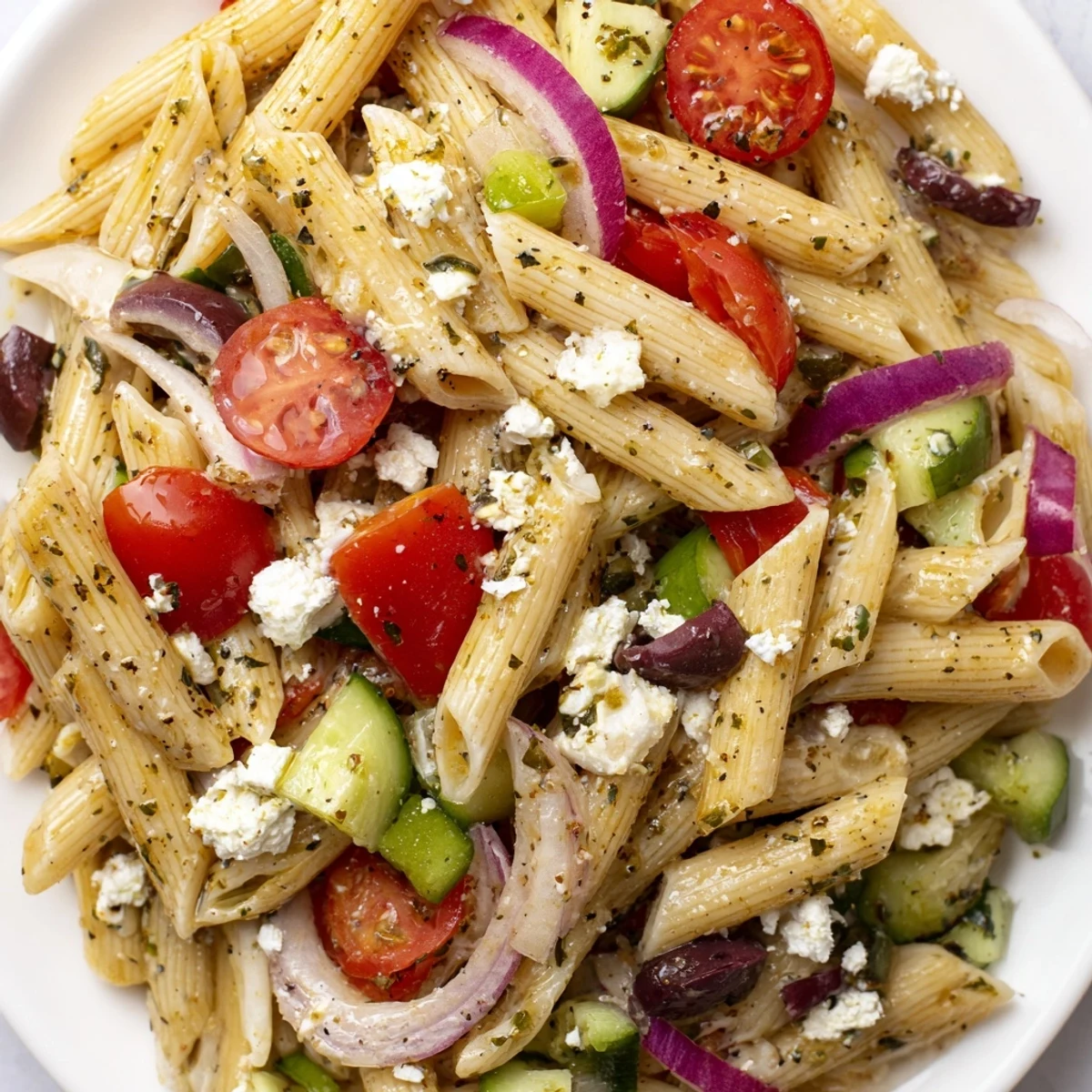 Colorful Greek pasta salad topped with Kalamata olives, diced peppers, and creamy feta cubes