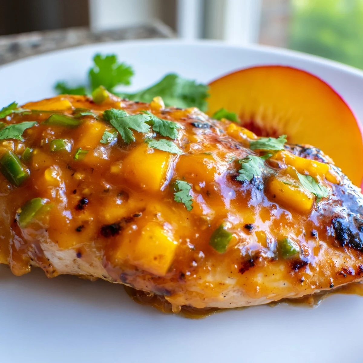 Golden jalapeno peach chicken glazed with sweet-spicy sauce on a white plate