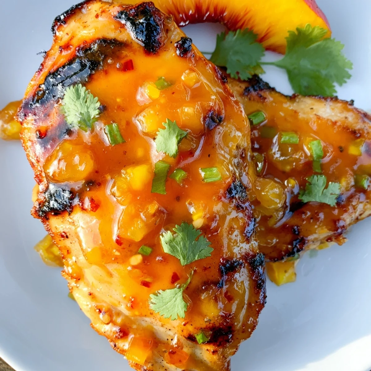Juicy jalapeno peach chicken topped with fresh herbs and caramelized peach slices