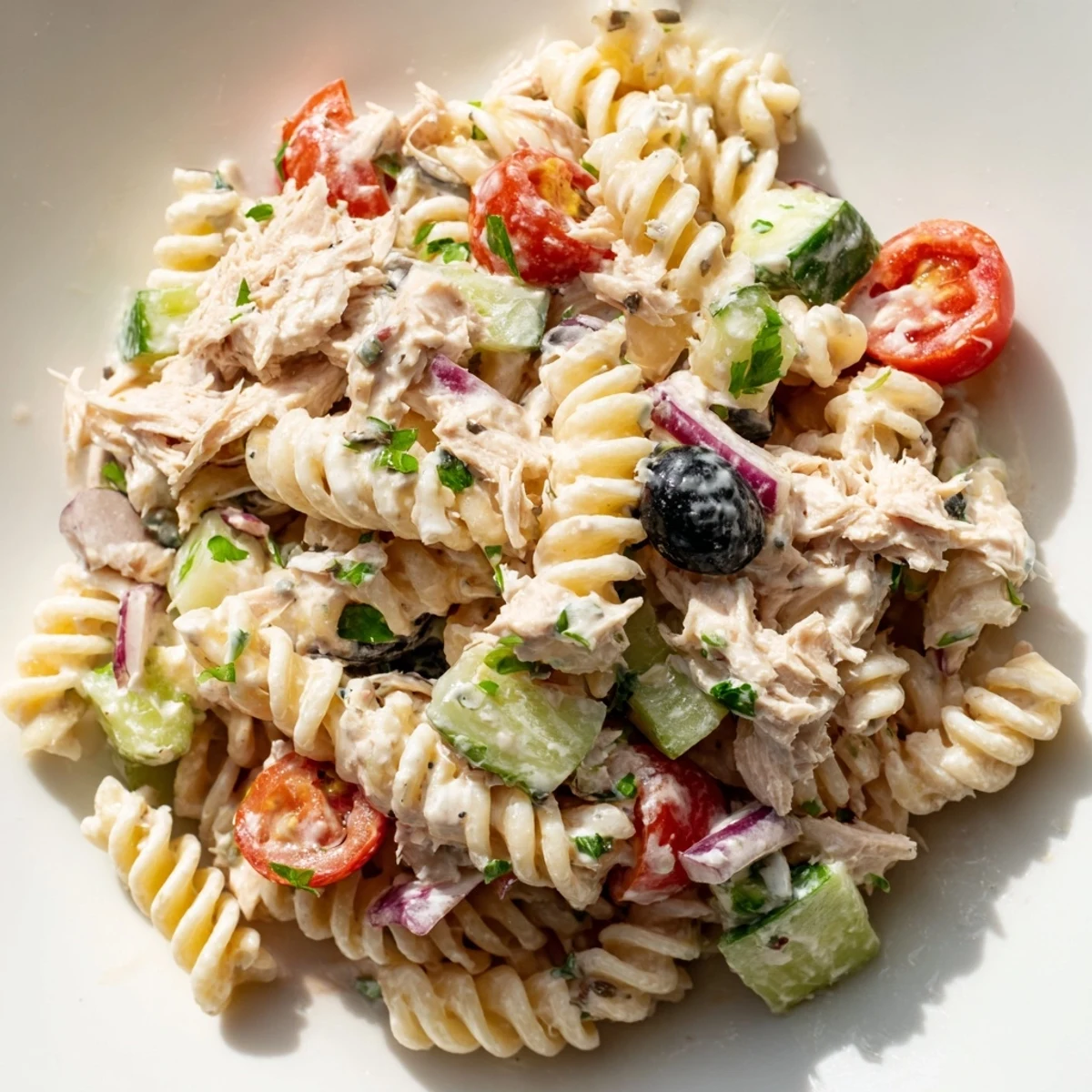 Chilled tuna pasta salad featuring tender fusilli flaky tuna and colorful crunchy vegetables