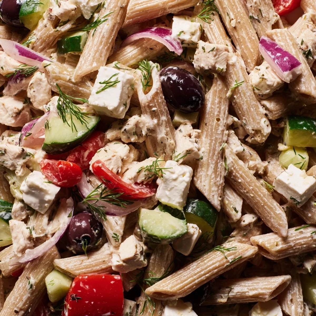 Colorful High Protein Greek Pasta Salad in a bowl with feta, olives, and fresh vegetables