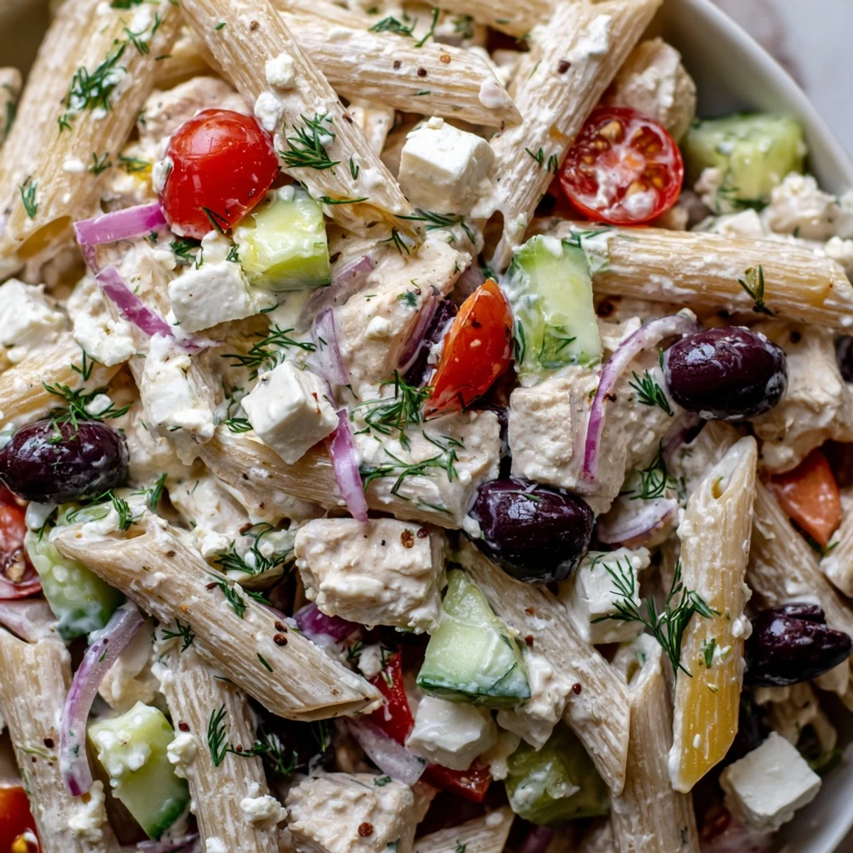 High Protein Greek Pasta Salad topped with creamy dressing and sprinkled with crumbled feta cheese