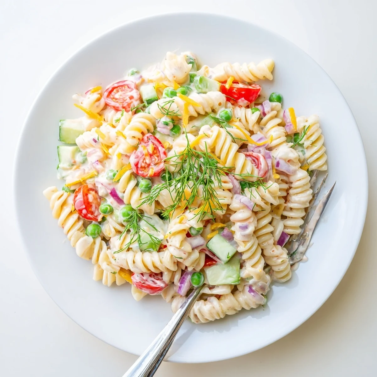 Creamy ranch pasta salad loaded with crisp vegetables and tangy homemade dressing in a white serving bowl