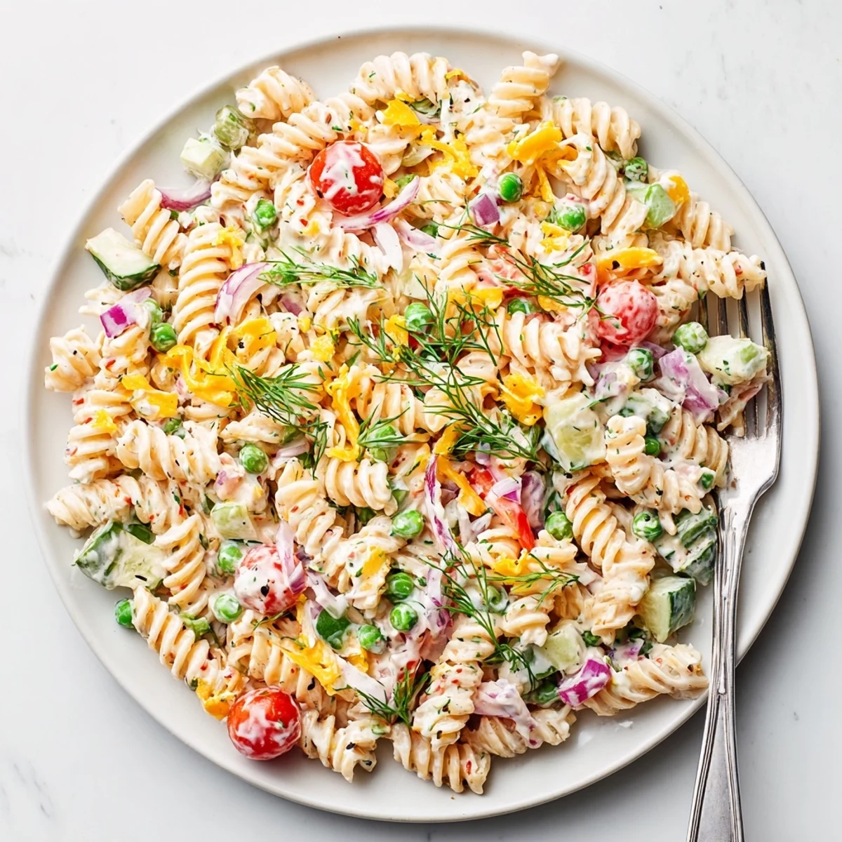Chilled creamy ranch pasta salad featuring colorful bell peppers cherry tomatoes and cucumber in herb dressing