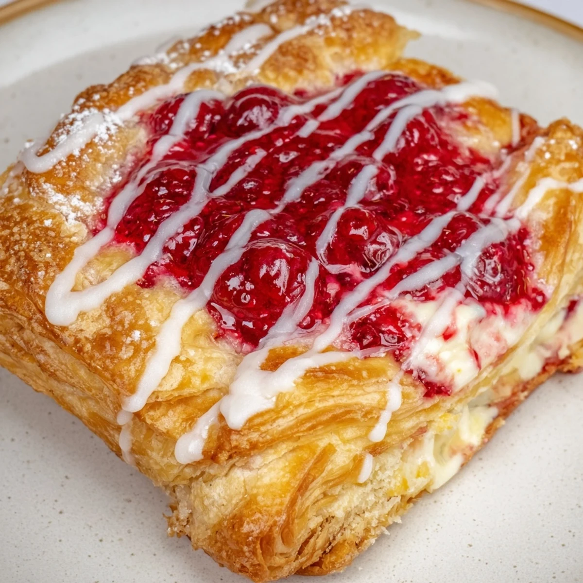 Golden Sourdough Discard Raspberry Cream Cheese Danishes drizzled with sweet vanilla glaze on rustic parchment paper