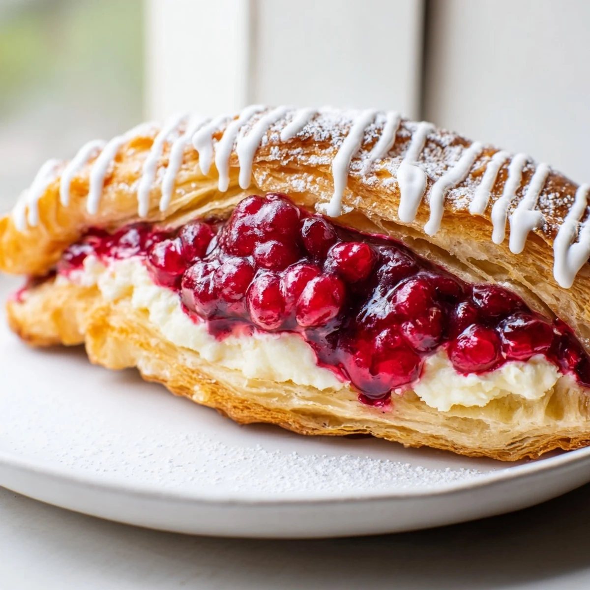 Flaky pastries filled with tangy cream cheese and vibrant red raspberries, freshly baked until golden brown