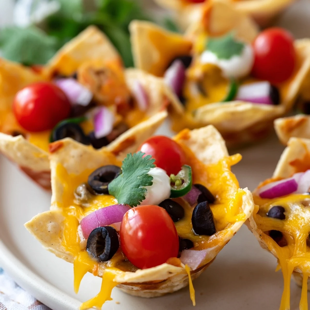 Golden cheesy nacho cups bubbling with melted cheddar and colorful fresh toppings