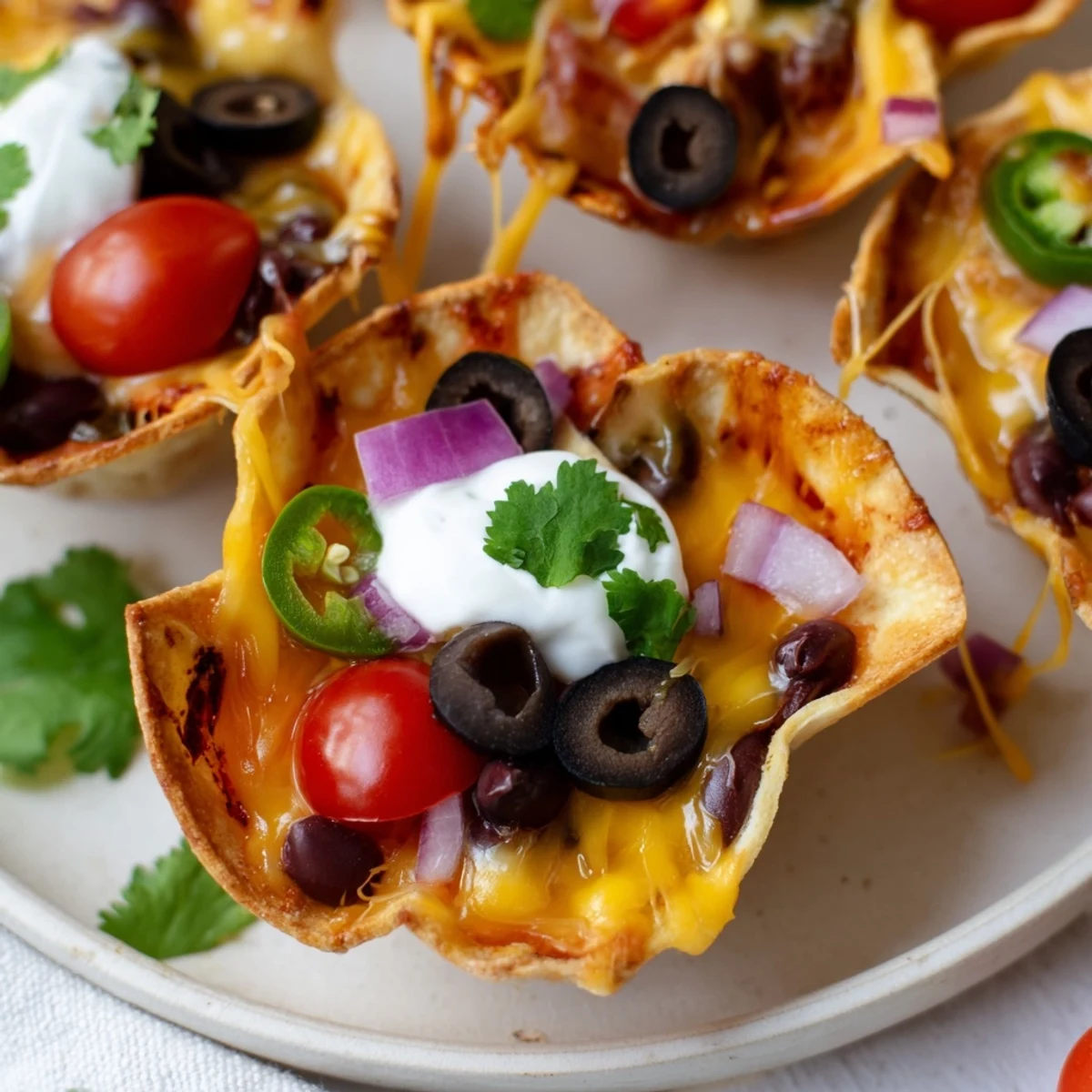 Crispy tortilla cups loaded with gooey cheese, beans, and zesty garnishes