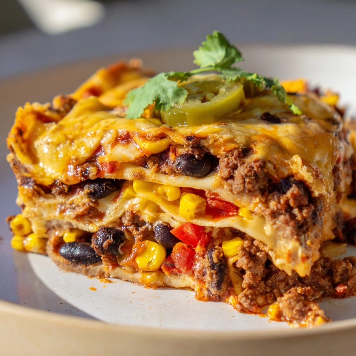 Golden bubbly Mexican lasagna with layers of seasoned beef, beans, and melted cheese