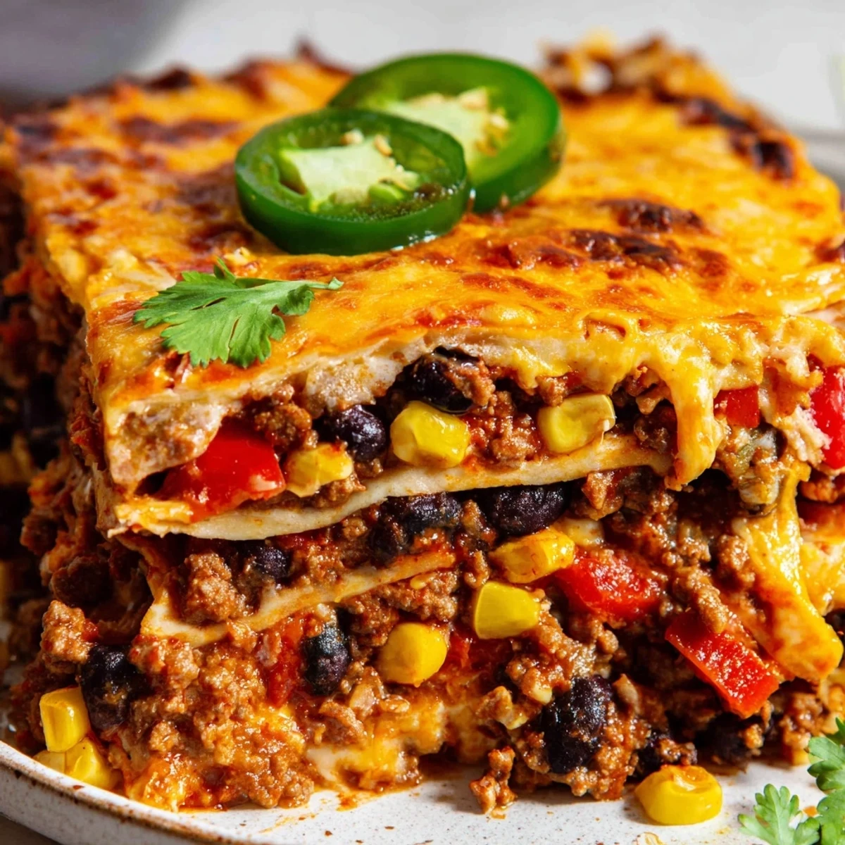 Mexican lasagna fresh from the oven with gooey cheese and colorful Tex-Mex filling