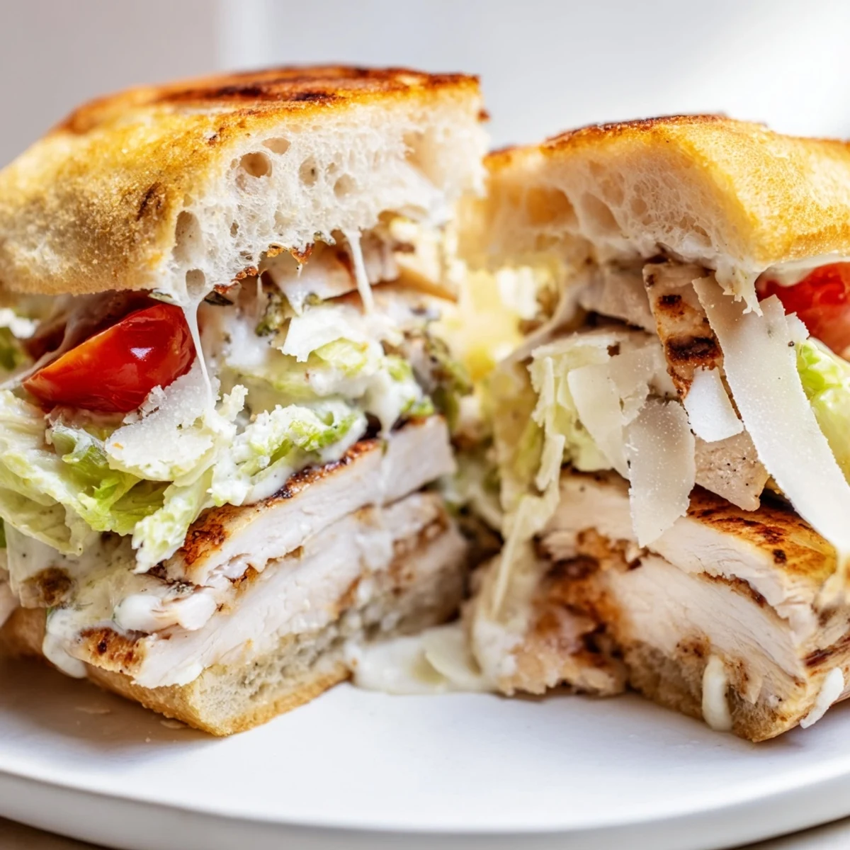 Juicy grilled chicken Caesar sandwich on toasted ciabatta with crisp romaine and parmesan