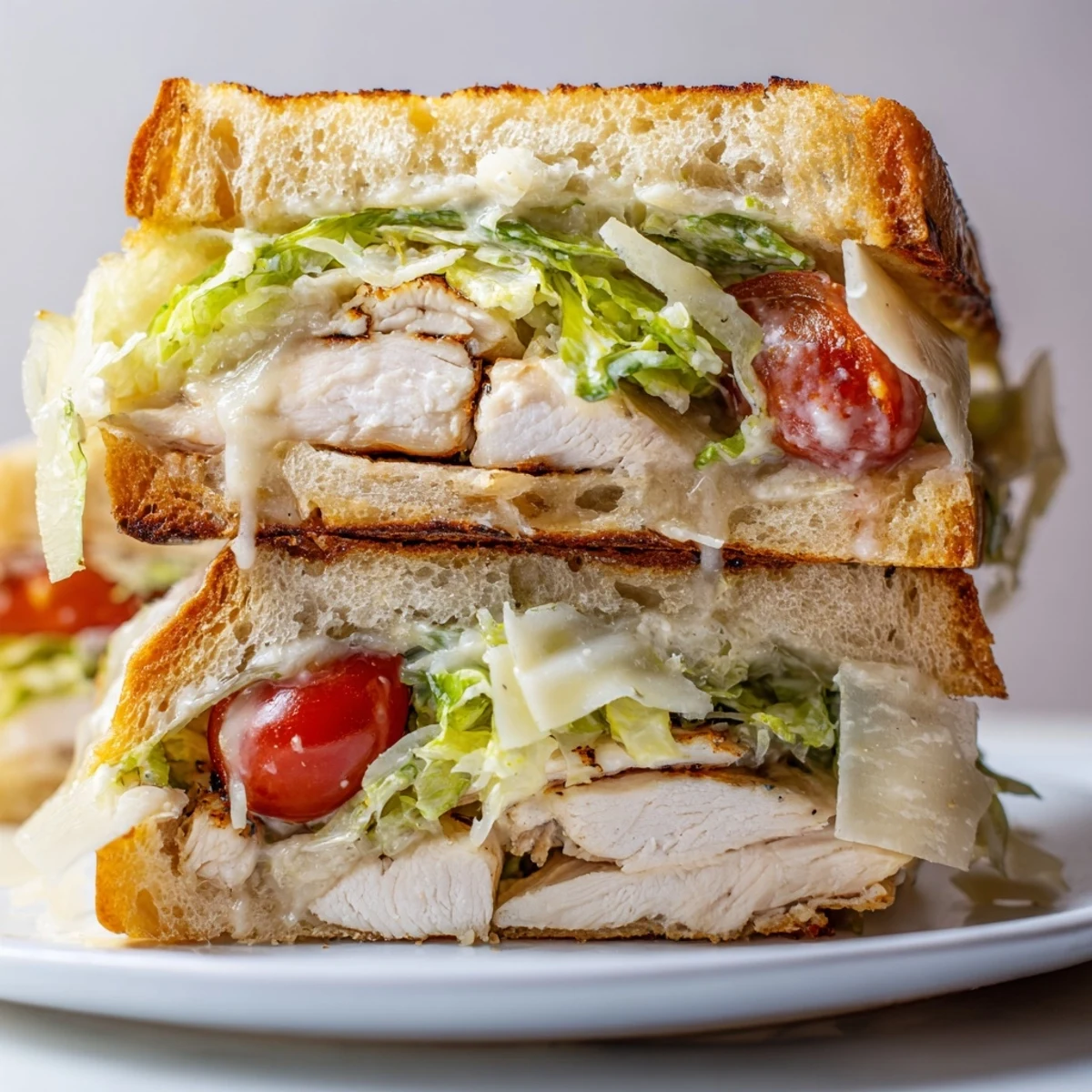 Golden bun holding a chicken Caesar sandwich with creamy dressing and fresh lettuce