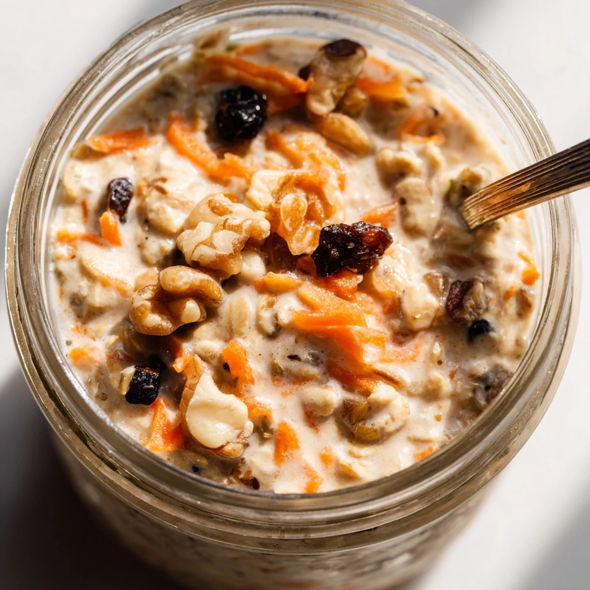 Creamy carrot cake overnight oats in a glass jar topped with chopped walnuts and a sprinkle of cinnamon