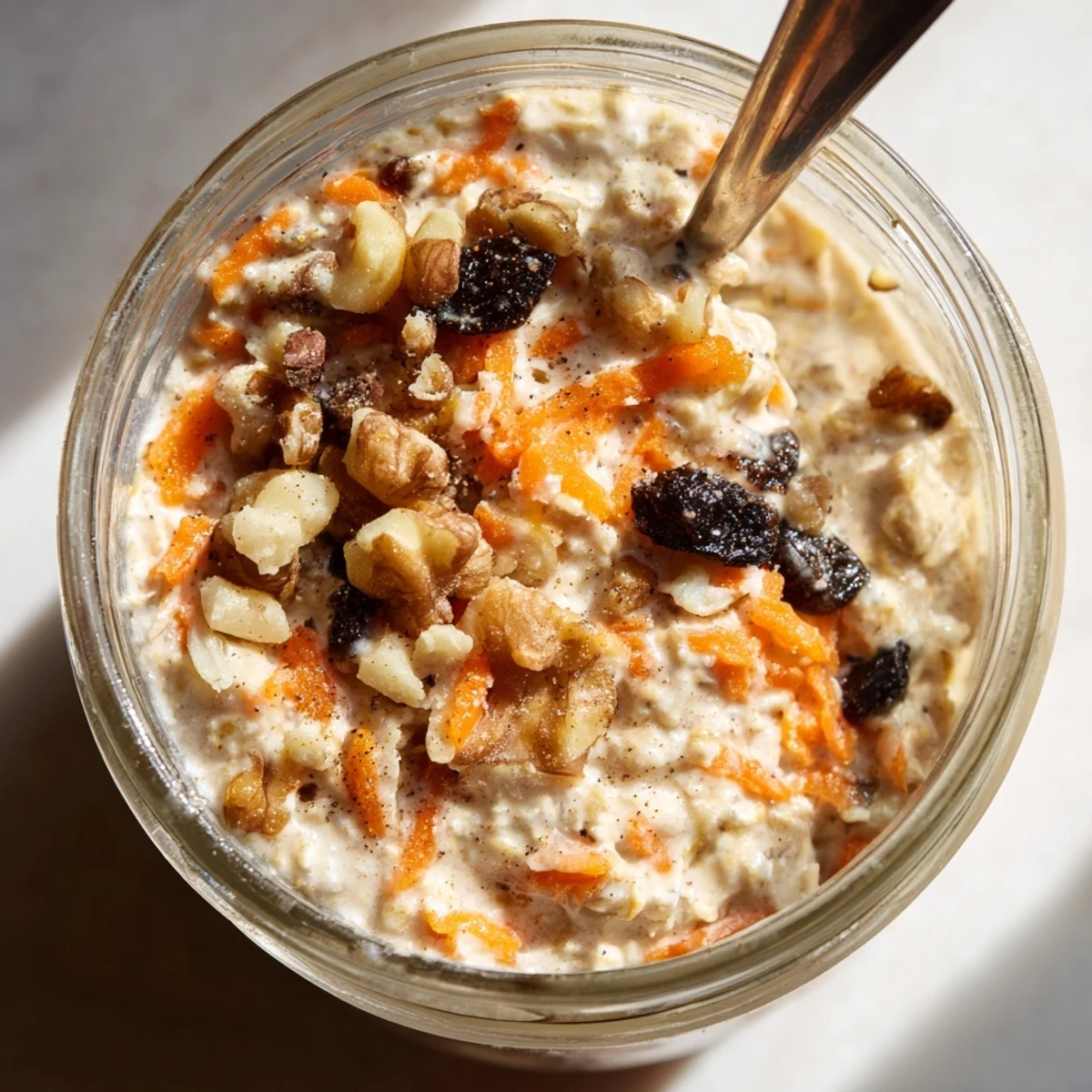 Carrot cake overnight oats with visible grated carrots and plump raisins served in a rustic mason jar