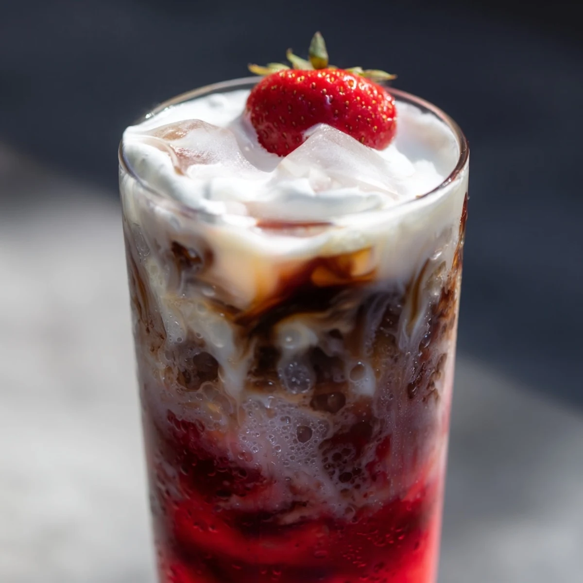 Creamy strawberry cold latte in a tall glass with swirled pink layers and ice