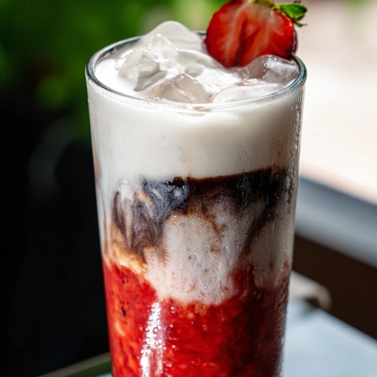 Refreshing strawberry cream cold latte topped with fluffy whipped cream and fresh berry garnish
