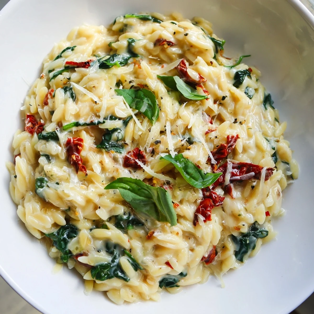 Creamy Tuscan orzo in a skillet with sun-dried tomatoes and wilted spinach