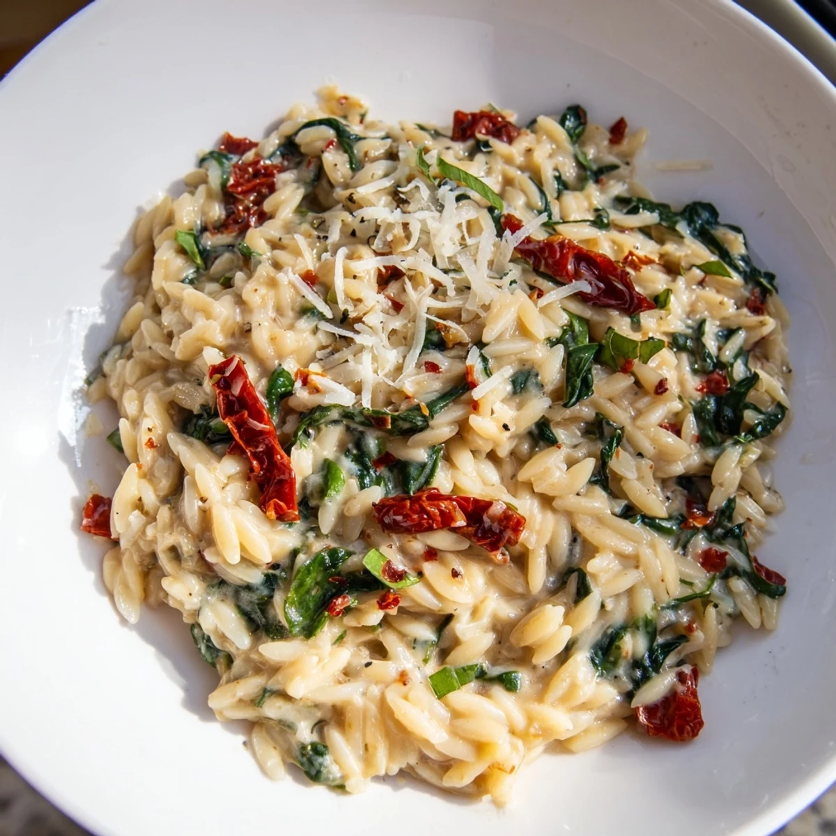 Bowl of creamy Tuscan orzo topped with fresh basil and Parmesan