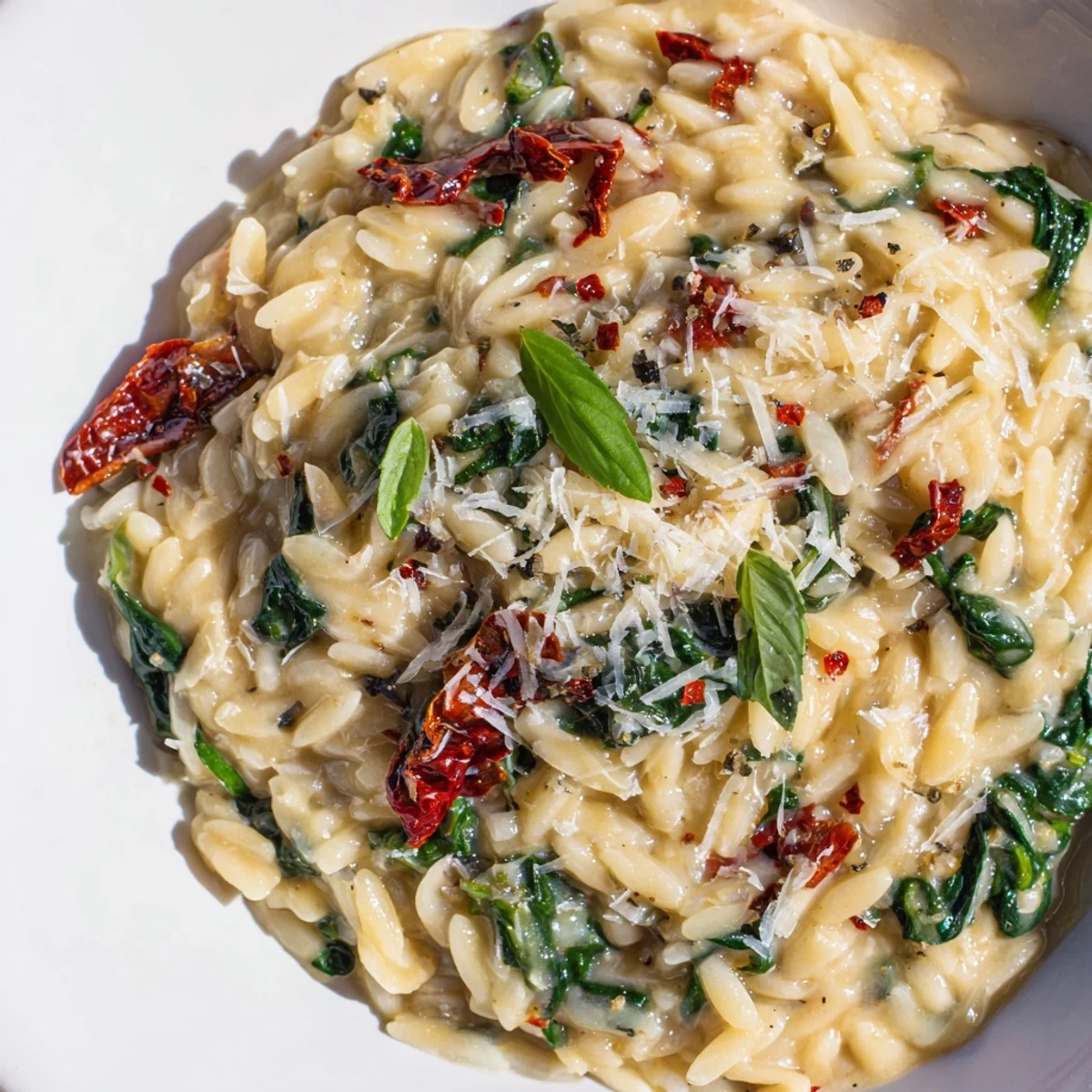 Creamy Tuscan orzo with vibrant spinach and sun-dried tomatoes served steaming hot