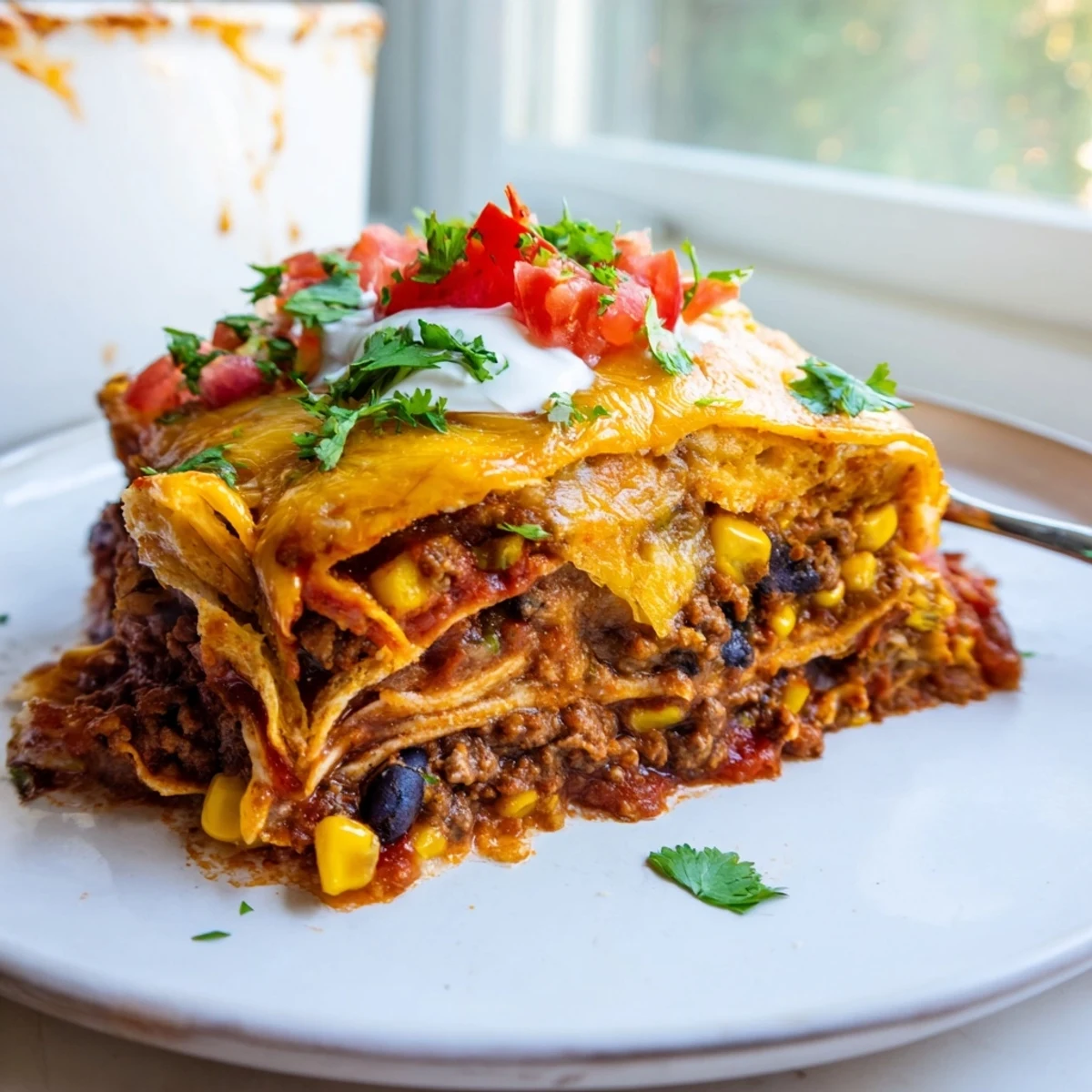 Golden bubbling baked beef enchilada casserole topped with melted cheddar and fresh cilantro
