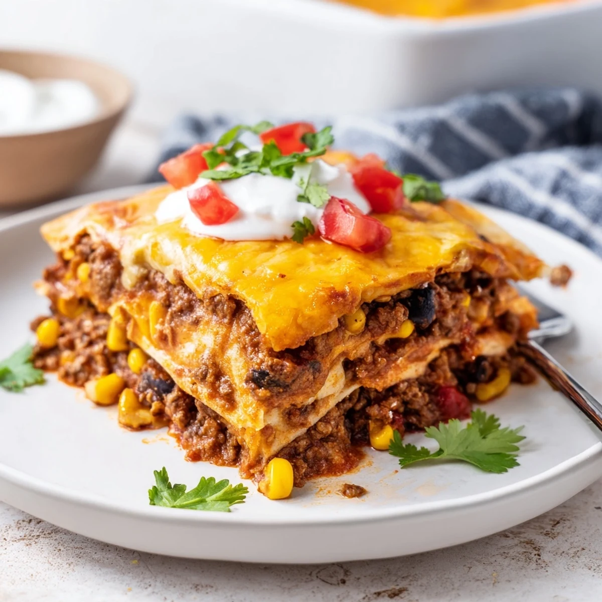 Baked beef enchilada casserole with seasoned ground beef, gooey cheese, and rich red sauce