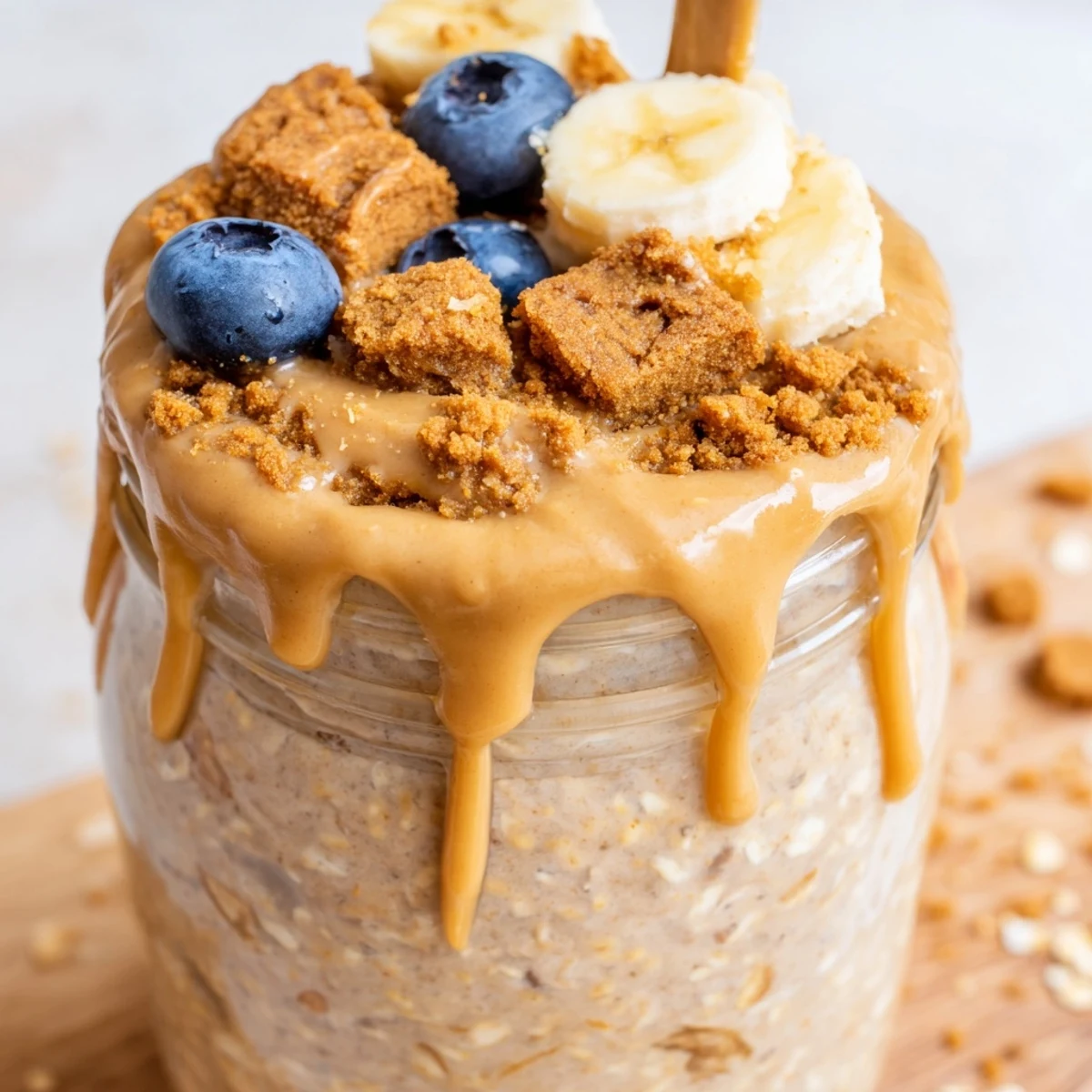 Creamy Quick Biscoff Overnight Oats topped with crushed cookies in a glass jar