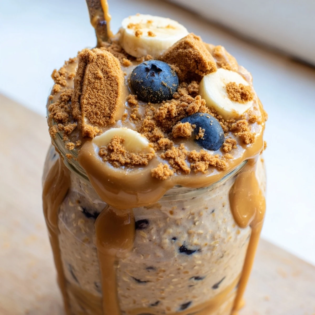 Warm-toned Quick Biscoff Overnight Oats drizzled with melted cookie butter and berries