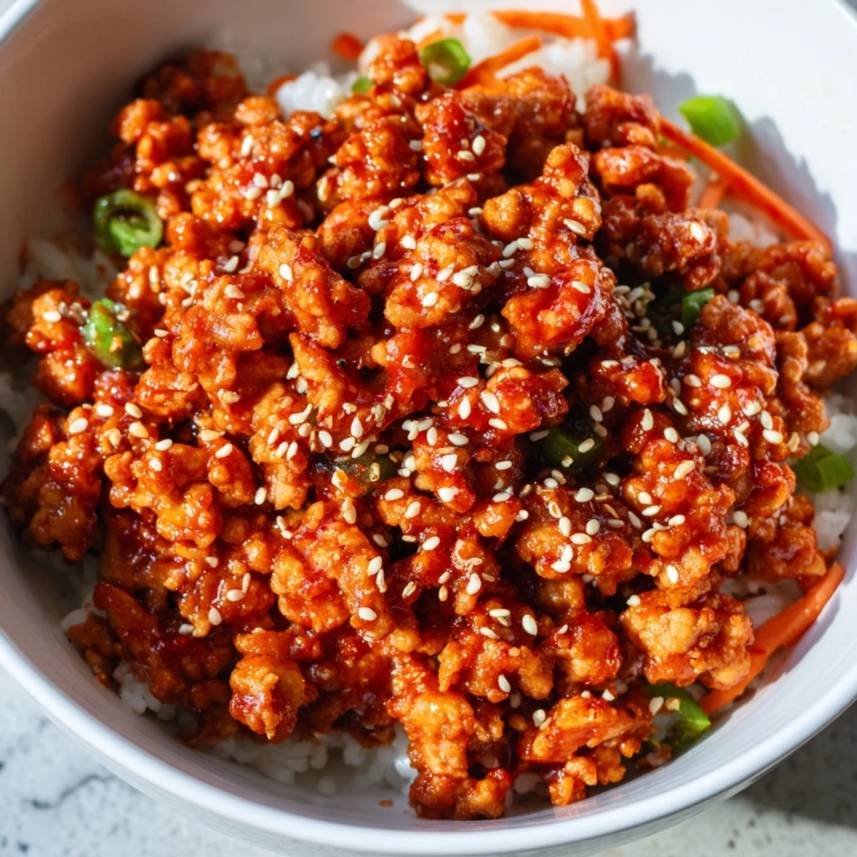 Spicy firecracker ground chicken bowls topped with crisp vegetables and sesame seeds