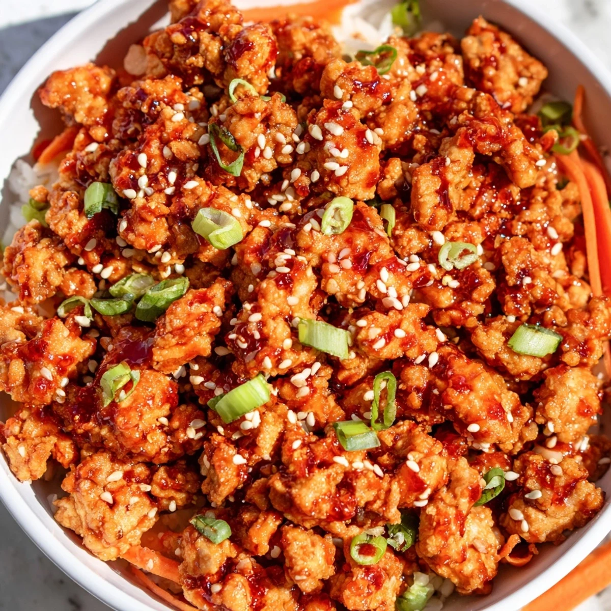 Firecracker ground chicken bowls drizzled with tangy sauce over fluffy white rice