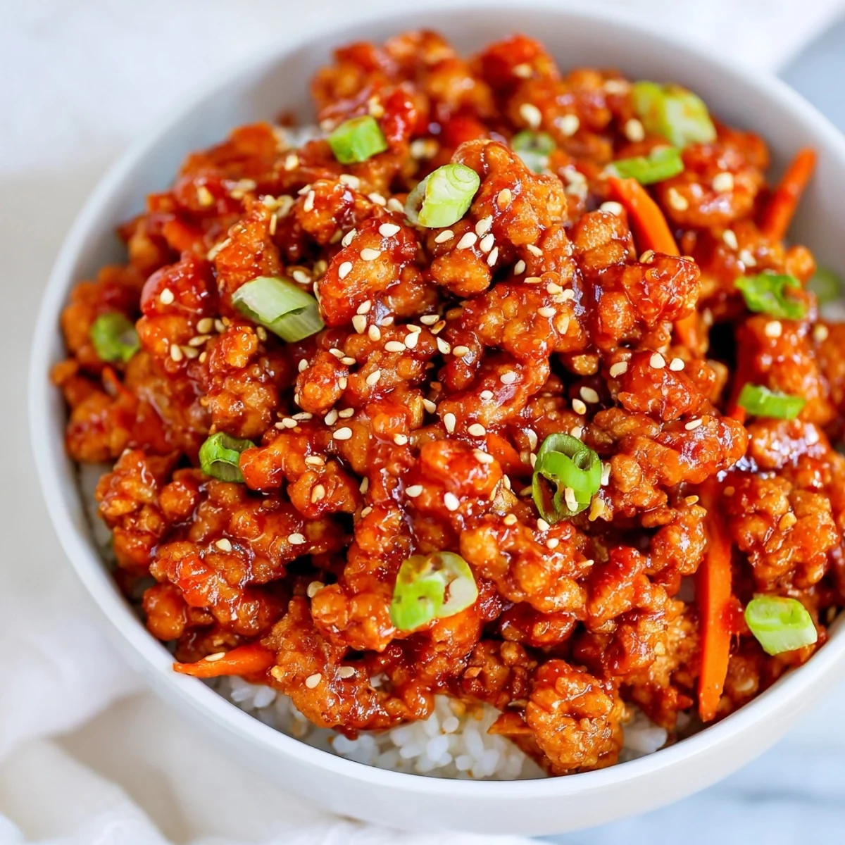 Colorful firecracker ground chicken bowls loaded with fresh veggies and spicy glaze