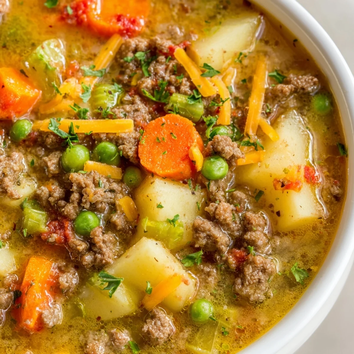 Steaming bowl of ground beef and potato soup topped with fresh parsley