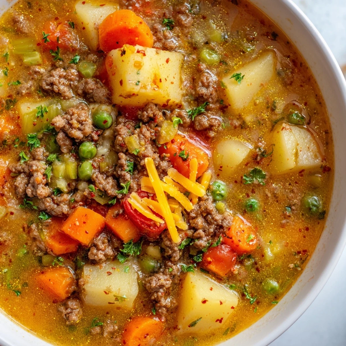 Hearty ground beef and potato soup brimming with tender vegetables and savory broth