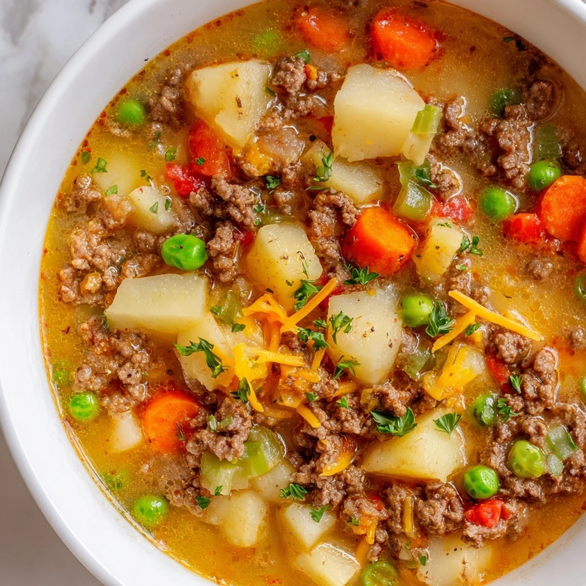 Creamy ground beef and potato soup ladled into rustic bread bowls