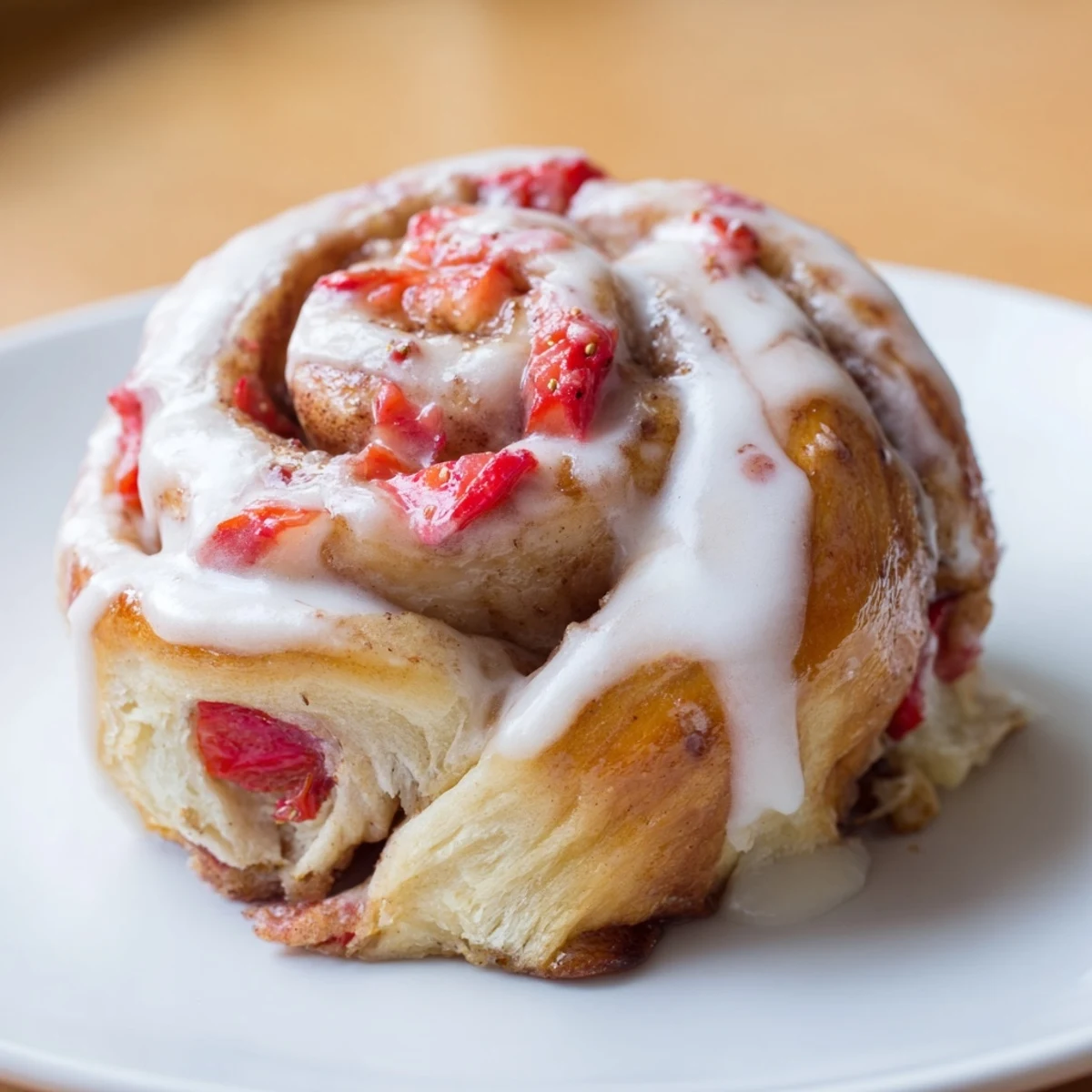 Golden strawberry cinnamon rolls drizzled with cream cheese glaze on a rustic plate