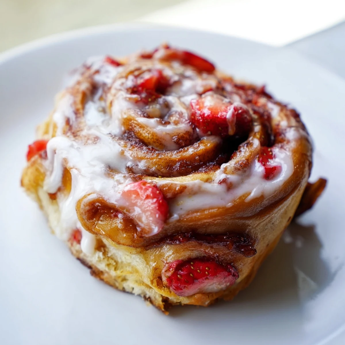 Warm strawberry cinnamon rolls pulled apart revealing gooey cinnamon sugar filling inside