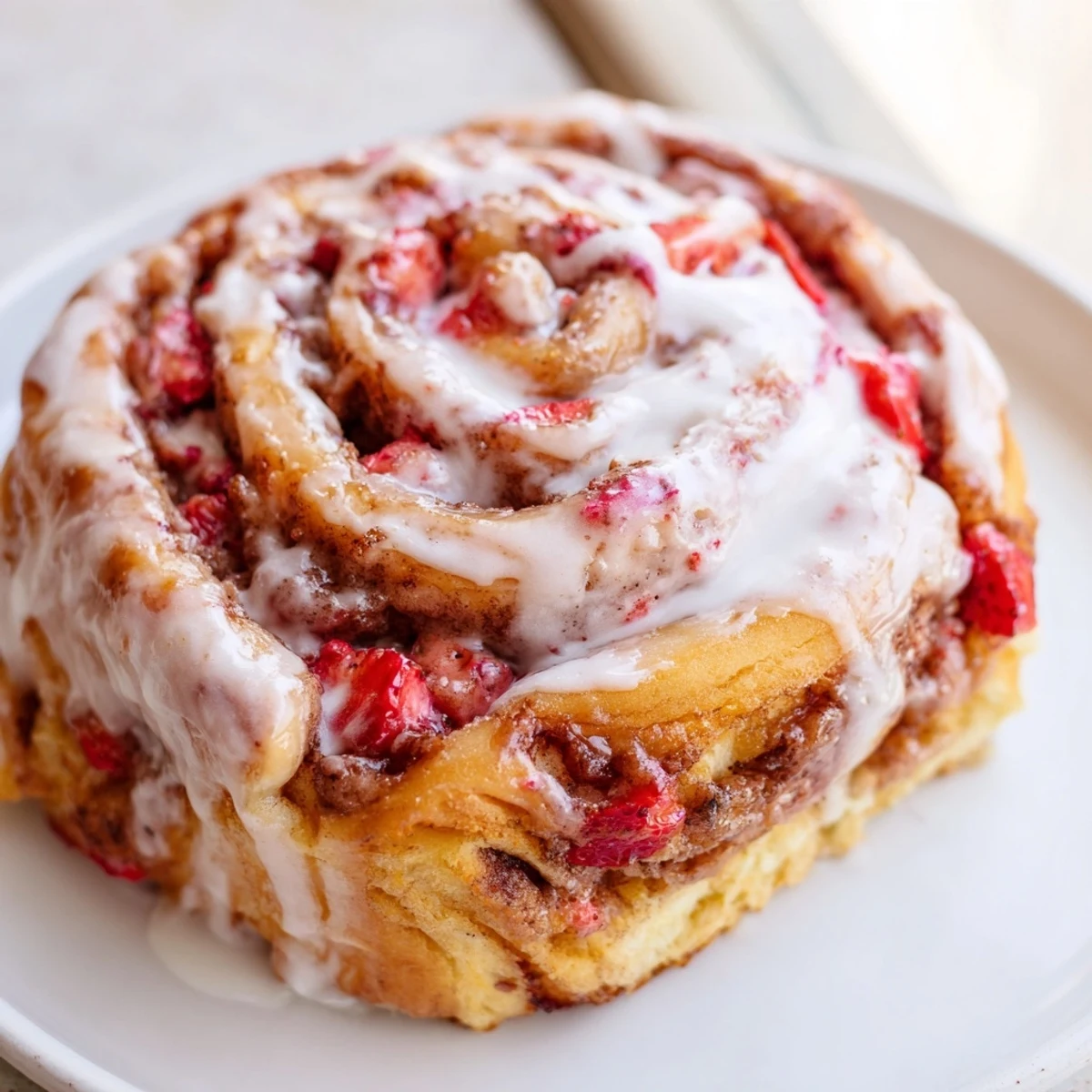 Frosted strawberry cinnamon rolls arranged in a baking dish with fresh berry garnish