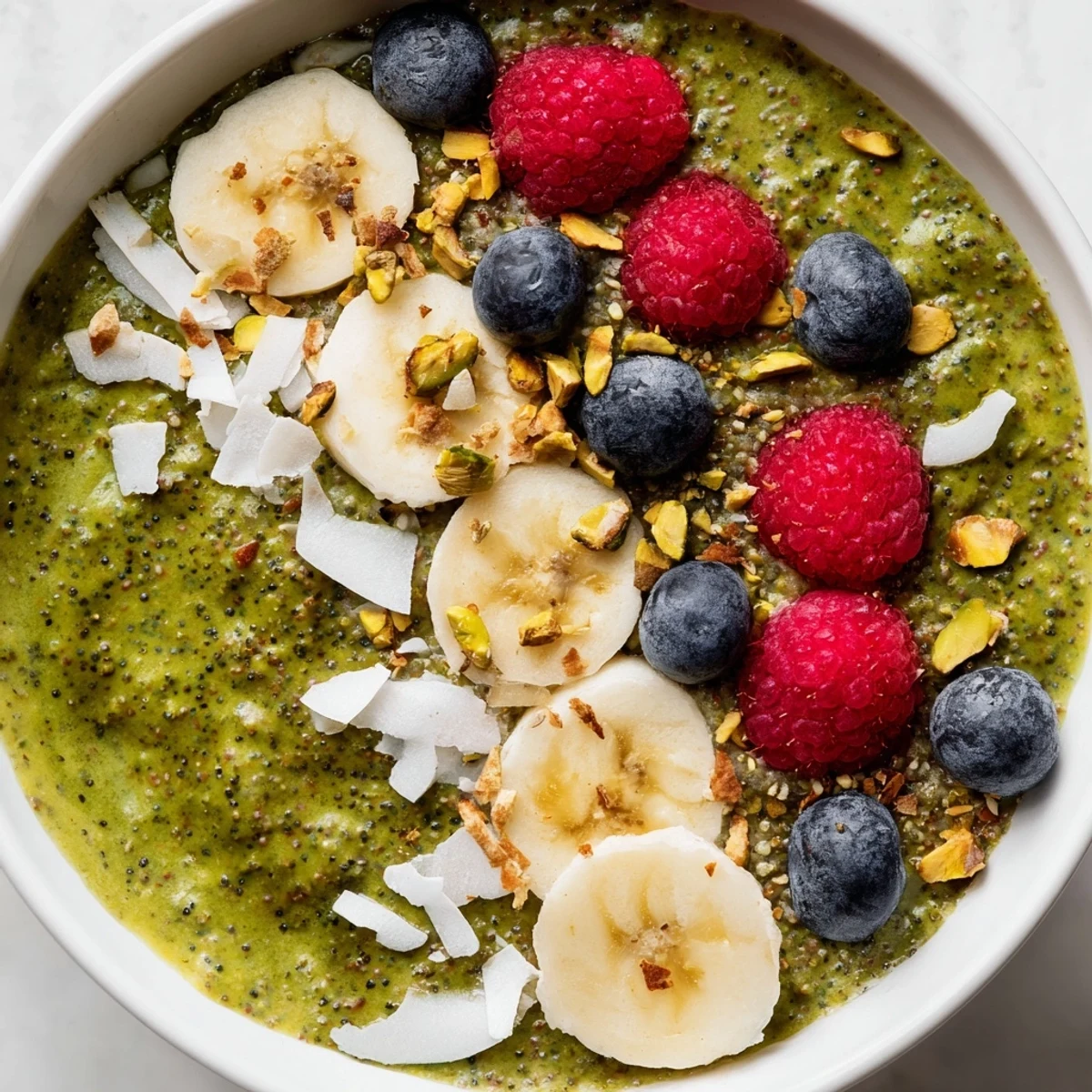 Creamy matcha overnight oats topped with sliced banana, coconut flakes, and fresh berries