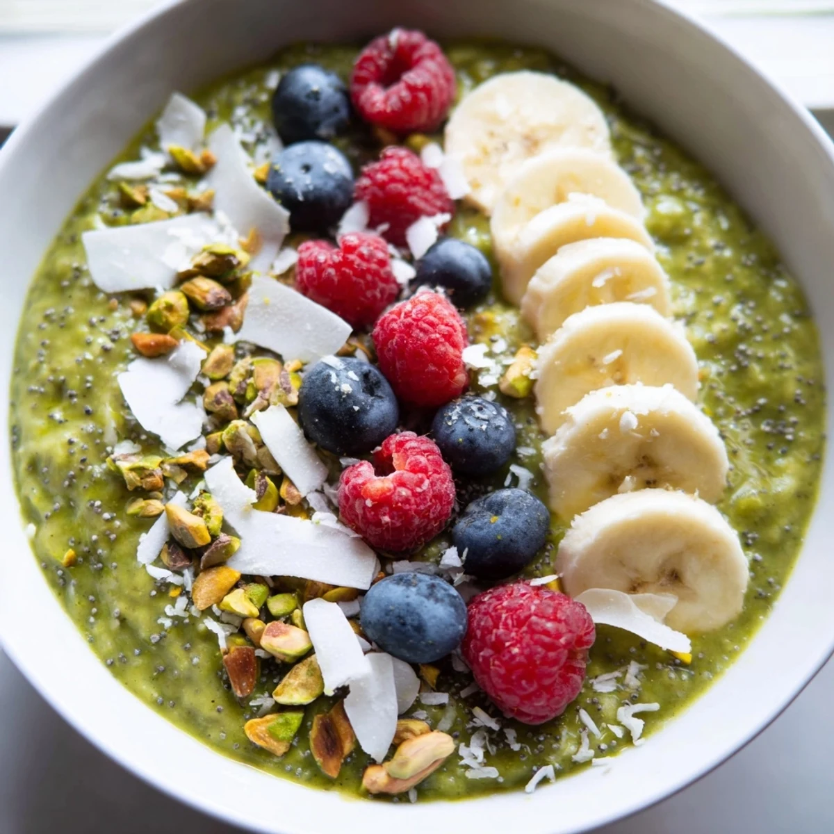 Smooth matcha overnight oats layered with chia seeds and toasted coconut in a glass jar