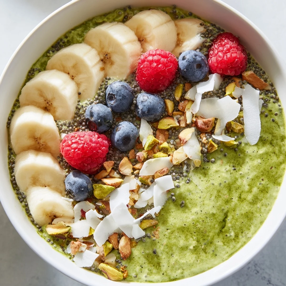 Vibrant green matcha overnight oats served in a jar with crunchy pistachios and fruit