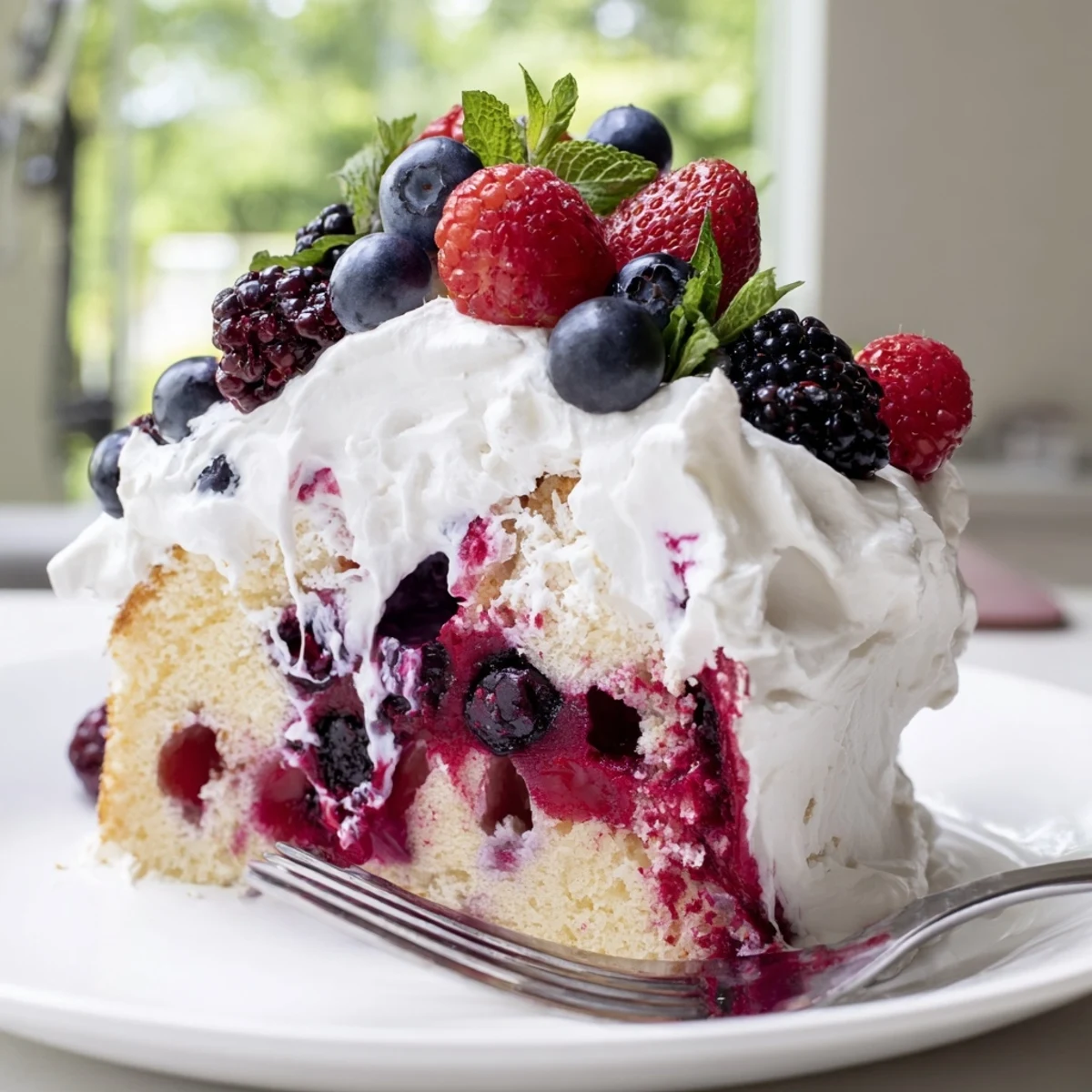 A slice of summer berry poke cake topped with fresh berries and fluffy whipped cream