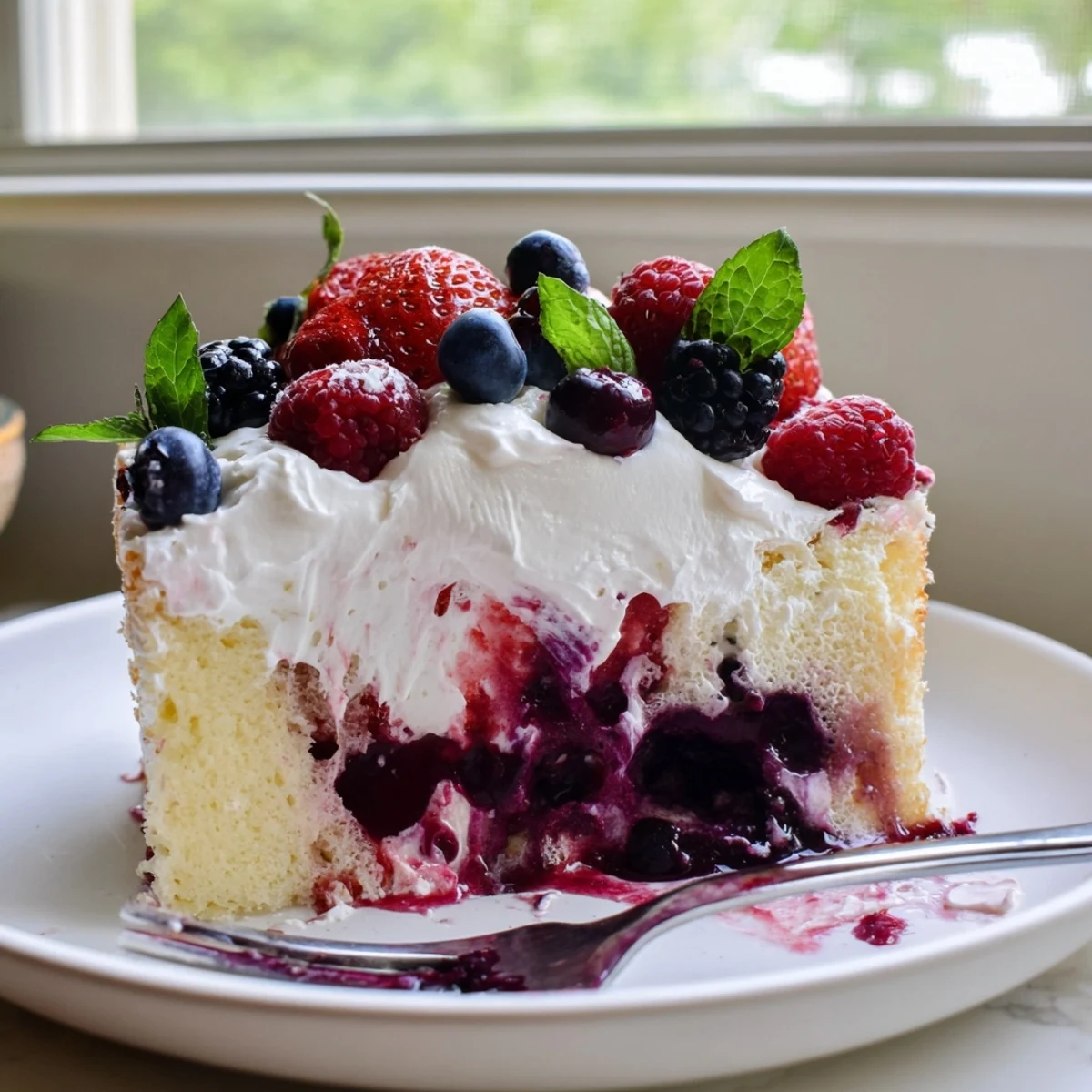 Moist summer berry poke cake with vibrant berry sauce soaking into tender vanilla crumbs