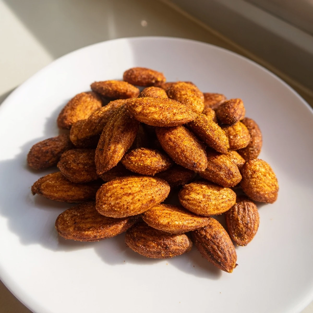 Warm roasted almonds glistening with olive oil and smoked paprika on a baking sheet