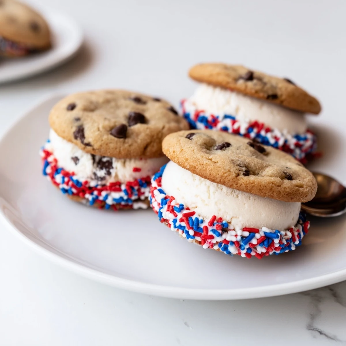 Festive Patriotic Mini Ice Cream Sandwiches coated in red, white, and blue sprinkles on a summer dessert tray