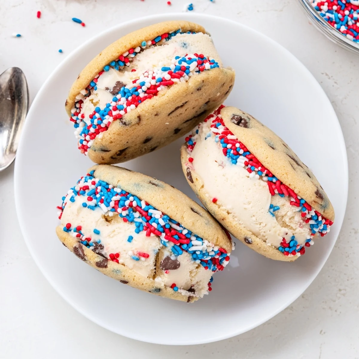 Bite-sized Patriotic Mini Ice Cream Sandwiches with vanilla filling and colorful sprinkles ready for a Fourth of July party