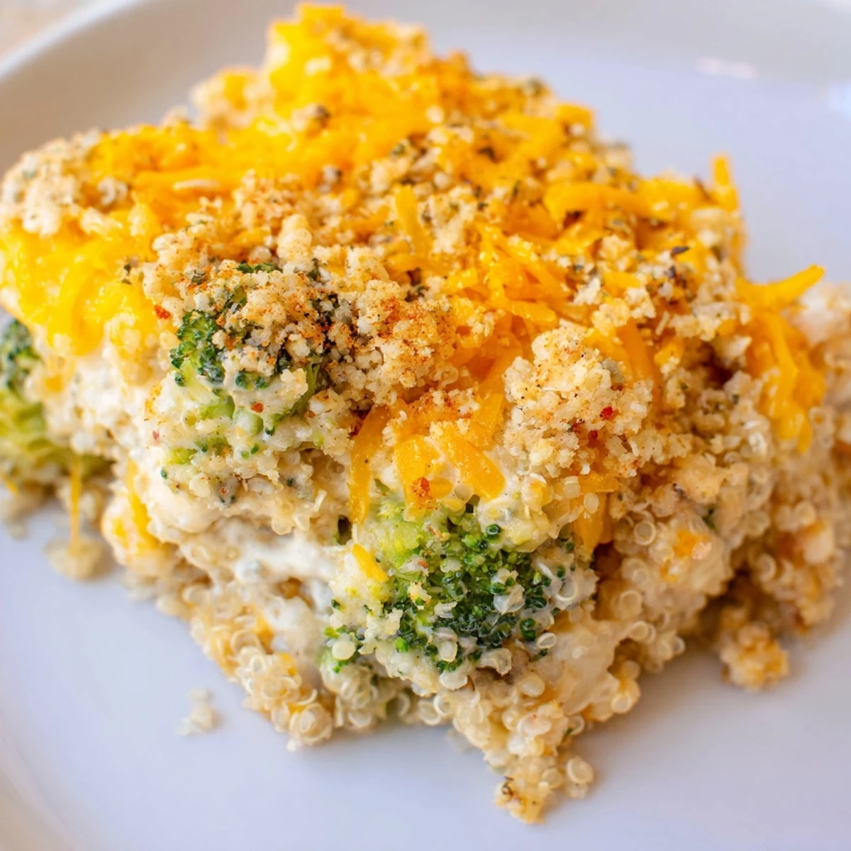 Golden creamy broccoli quinoa casserole fresh from the oven, bubbling with melted cheddar