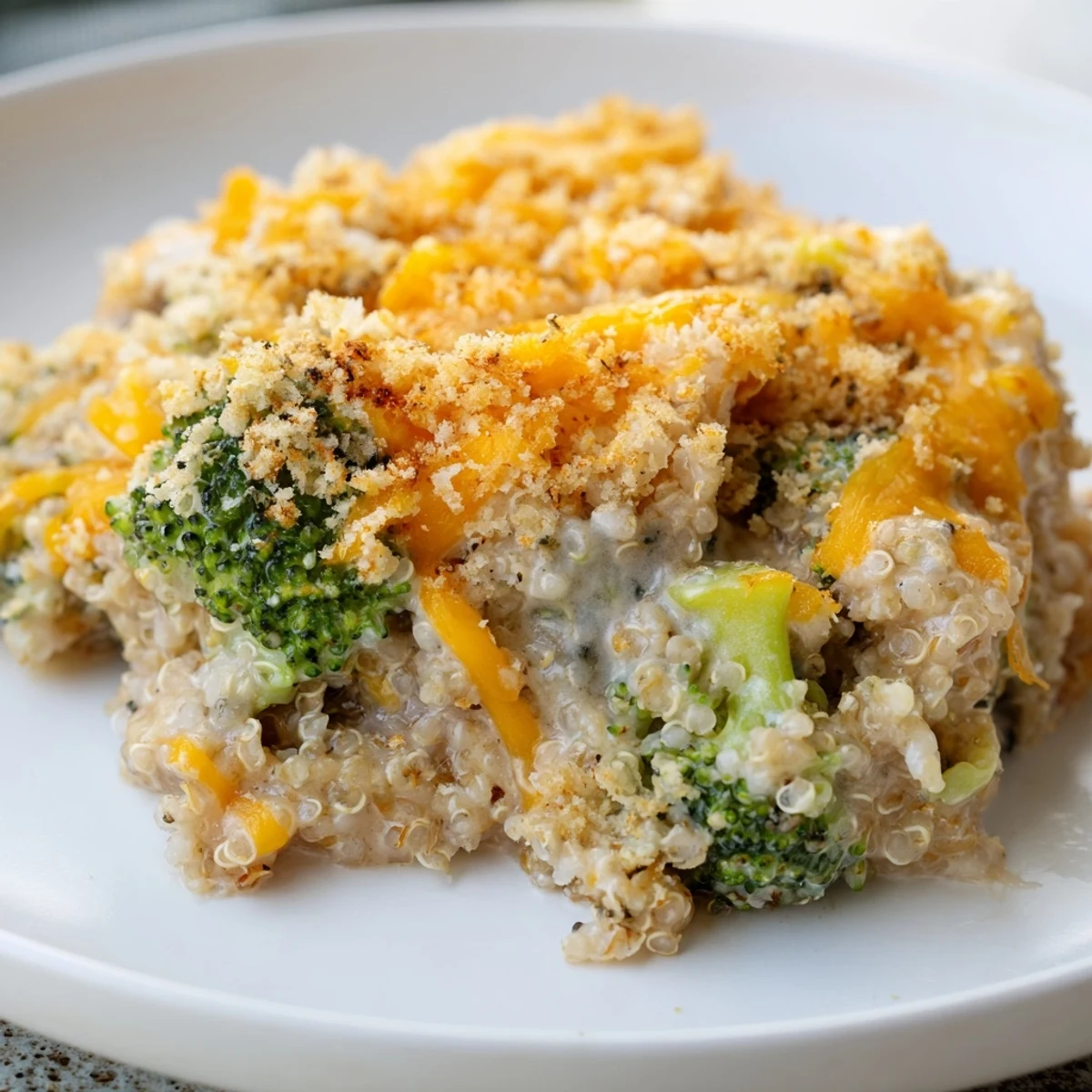 Vegetarian creamy broccoli quinoa casserole sliced and served warm on a family dinner plate